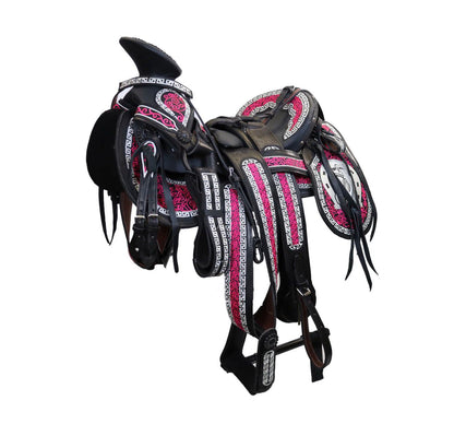 Montura Bordada Cola de Pato Rojo y Rosa